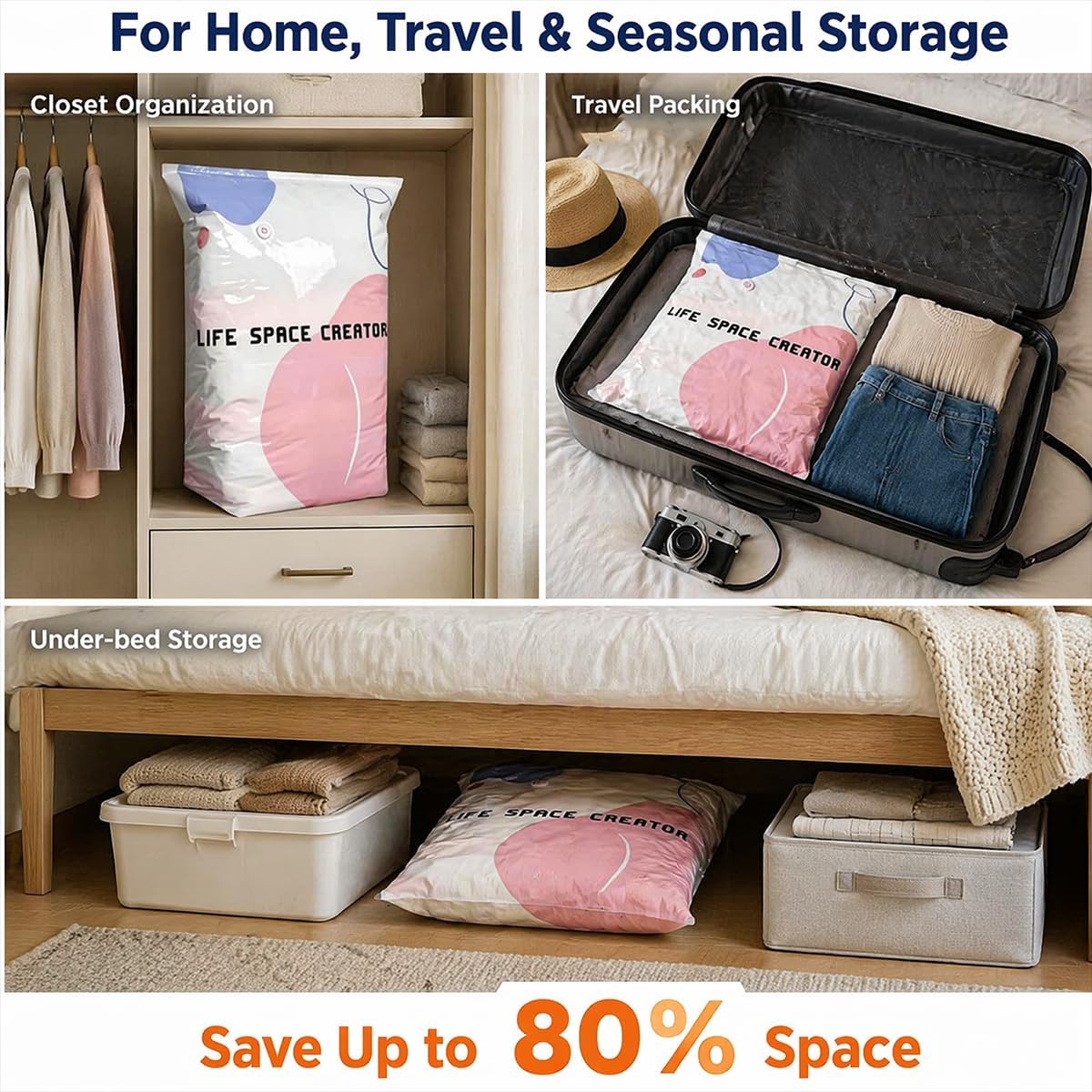 2Pcs (L/XL) No Pump Vacuum Storage Bags, Cube Compression Space Saver Bags for Clothes, Comforters, Blankets, Pillows and Bedding, Reusable Vacuum Seal Storage Bags