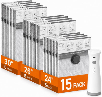 Vacuum Storage Bags with Pump, Space Saver Travel Vacuum Storage Bags for Clothes, Reusable Tear-Proof Compression Packing Cubes for Heavy Clothes/Bedding/Luggage/Moving, 15 Combo Size