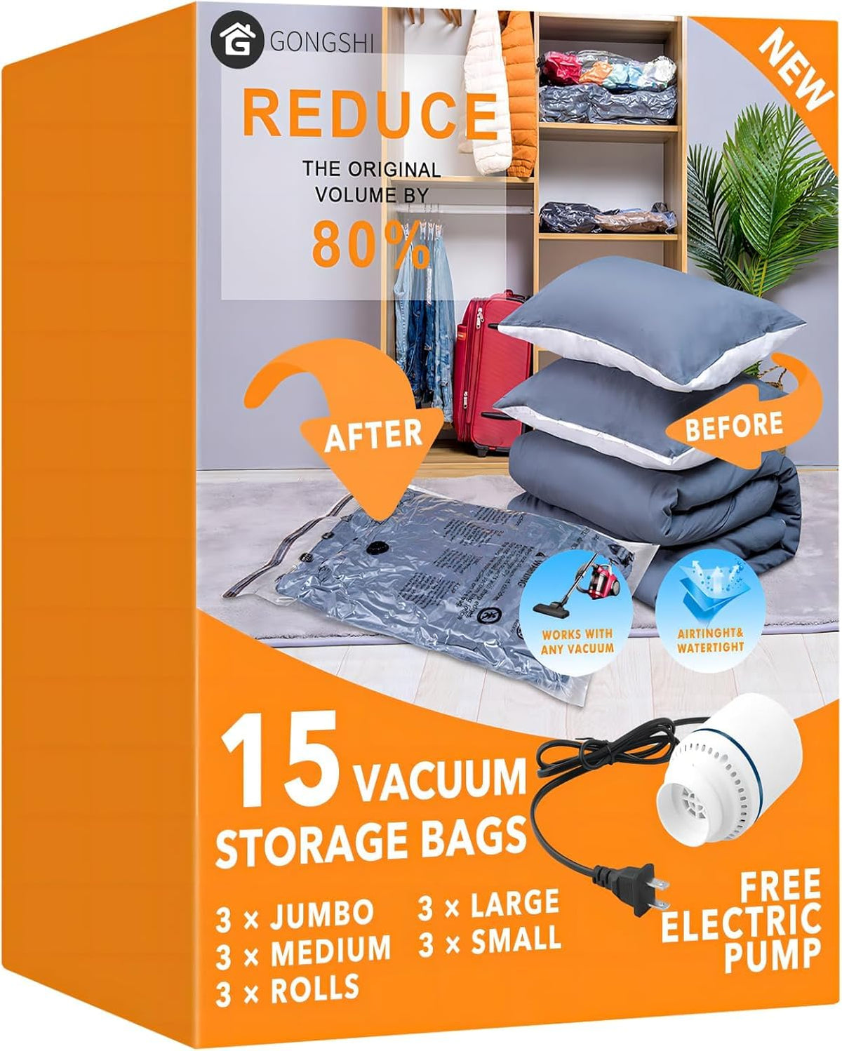 GONGSHI Vacuum Seal Bags for Clothing Travel & Home Storage, Travel Vacuum Bags with Pump,Space Saver for Blankets, Comforters, Pillows, Clothes,24 Combo with Electric Pump