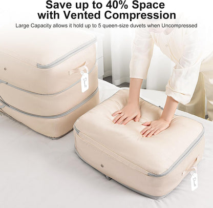 Comforter Storage Bag - Large Capacity Blanket Storage Bags 3-Layer Ultra Space Saving Self Compression Organizer, Washable Compression Bags for Storage Comforter Blanket, 2-Pack, Beige