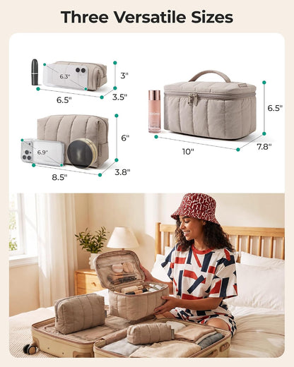 BAGSMART Travel Makeup Bag Set, 3 Pc Puffy Cosmetic Pouch, Camel