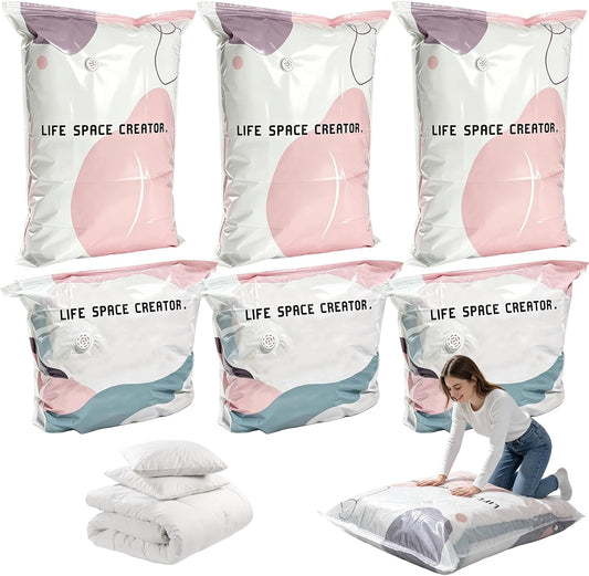 6 Pack No Pump Vacuum Storage Bags, (L/XL) Cube Compression Vacuum Bags for Clothes, Upgrade Space Saver Bags for Comforters Blankets Bedding Seasonal and Moving