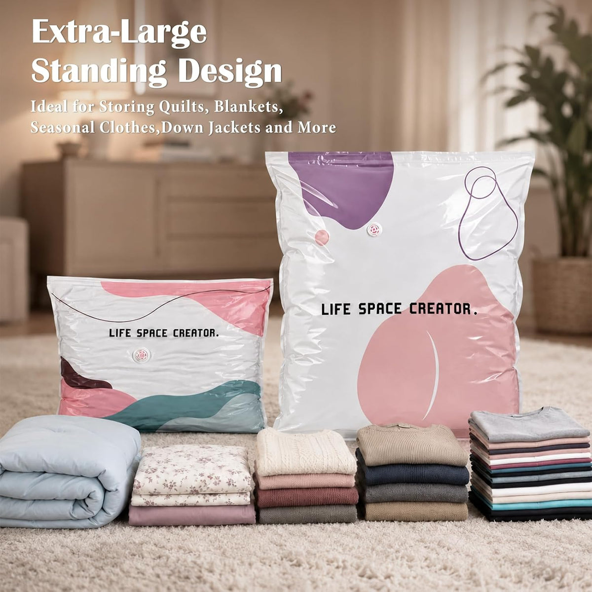 No Pump Vacuum Storage Bags 4Pk (2L+2M) Large Capacity