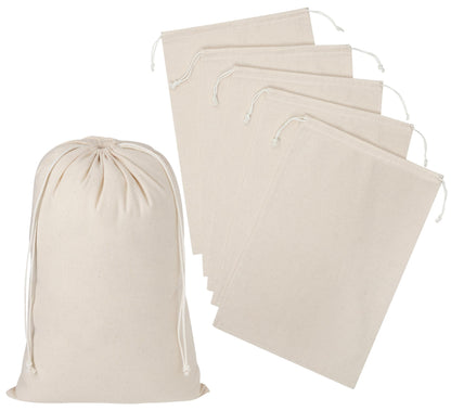 Black Cotton Drawstring Bags, Reusable Quality with Double String, For Storage Pantry Shoes Wardrobe Travel - Pack of 6 (Black Cotton Blend, 12 x 16 Inch)