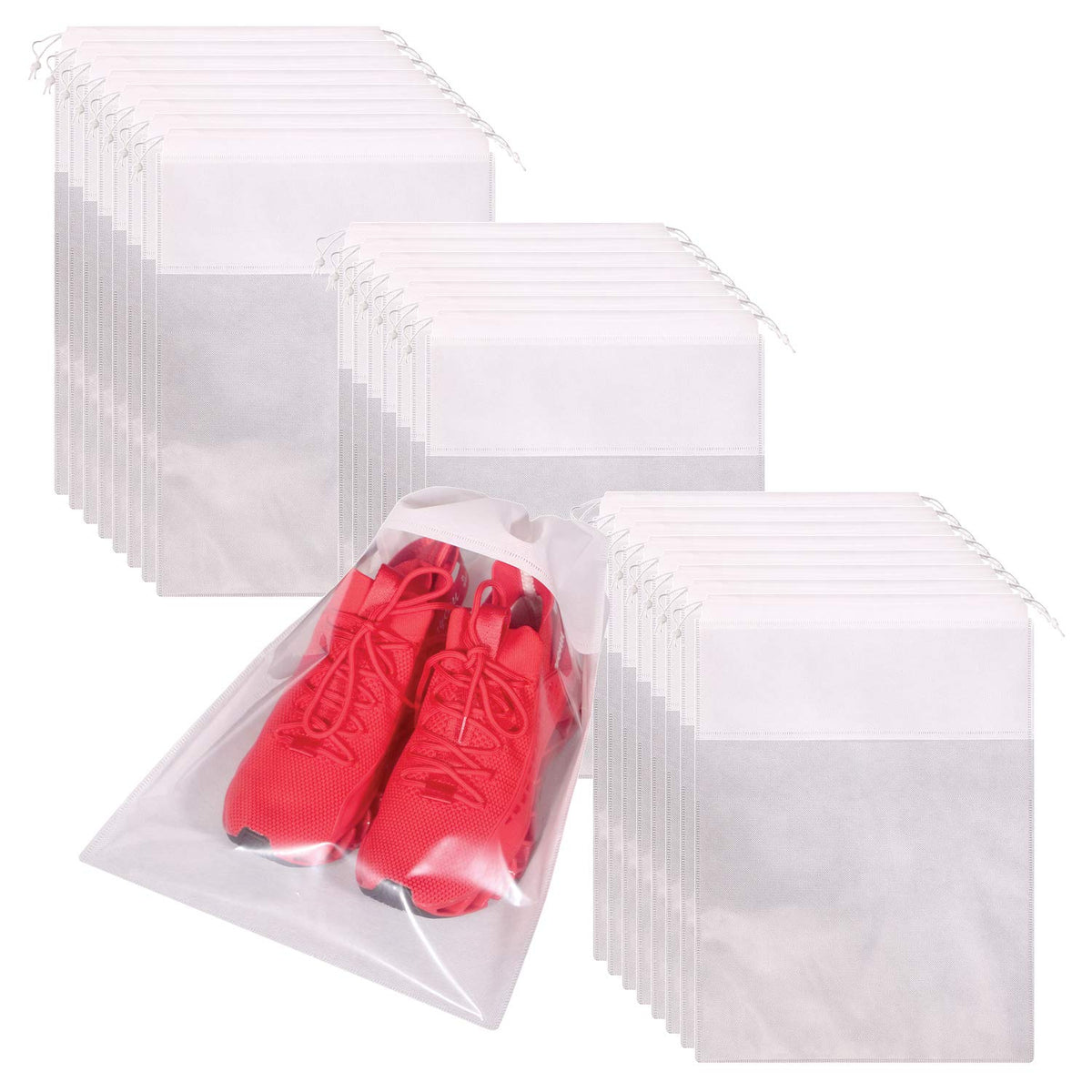 24 Pack Portable Shoe Bags for Travel Large Shoes Pouch Storage Organizer Clear Window with Drawstring for Men and Women Black