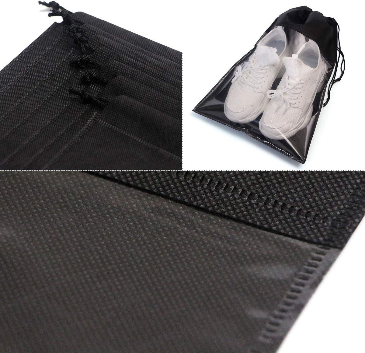 24 Pack Portable Shoe Bags for Travel Large Shoes Pouch Storage Organizer Clear Window with Drawstring for Men and Women Black