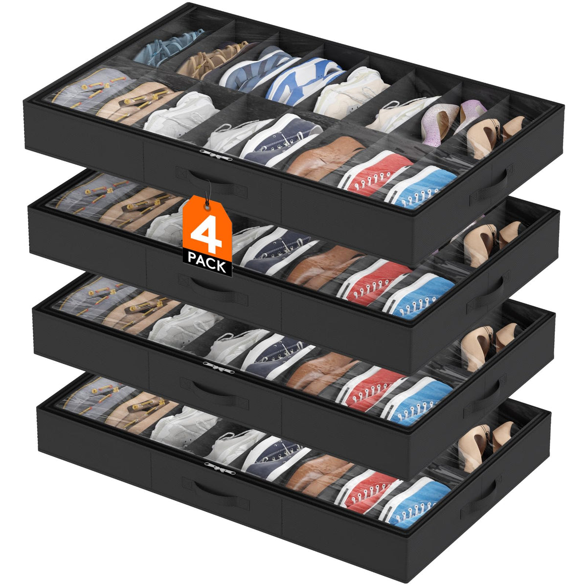 Lifewit Under Bed Shoe Storage Organizer 2 Pack(12 Shoes Cells), 4.3 Inches Profile Fabric Shoes Container Box with Clear Cover, Foldable Storage Bag with 2 Handles, Fits 12 to 24 Pairs