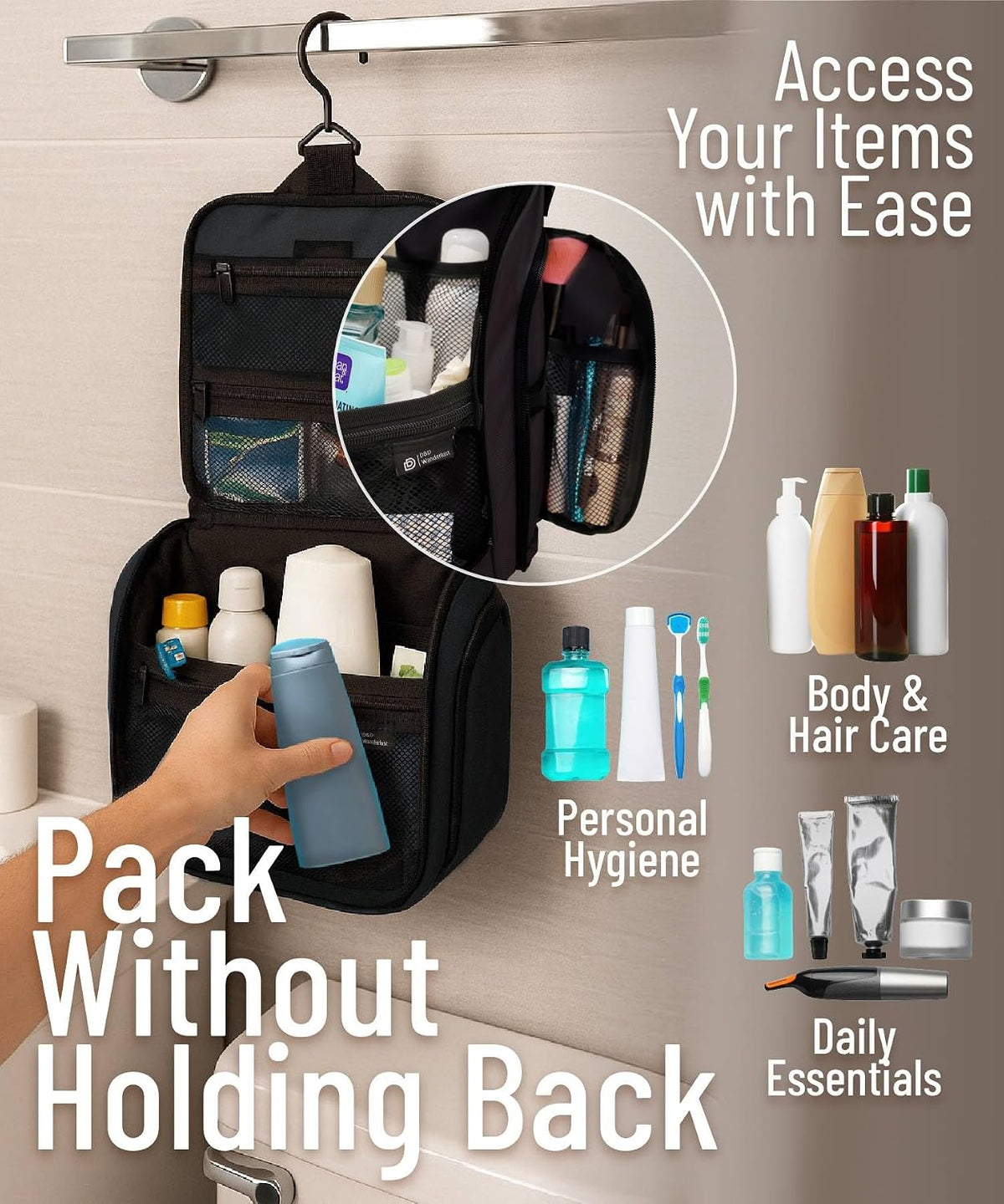 D&D Wanderlust Hanging Travel Toiletry Bag for Women & Men, Large Organizer