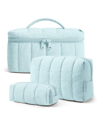 BAGSMART Travel Makeup Bag Set, 3 Pc Puffy Cosmetic Pouch, Camel