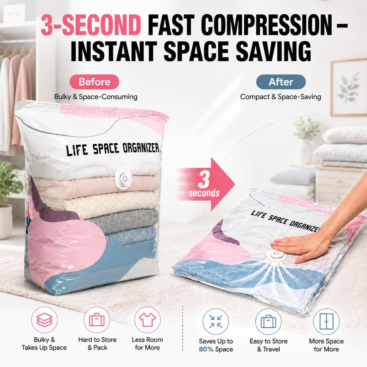 4Pcs No Pump Vacuum Storage Bags, Large Better Life Space Bags Cube Capacity Vacuum Bags for Clothes Bedding Comforters Off‑Season Gear (Pink white)