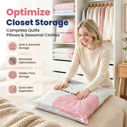2PCS No Pump Vacuum Storage Bags, No Pump Large Vacuum Storage Compression Bags, Thick Airtight Reusable Organizer for Clothes Comforters Travel Moving Closet Storage (M+L)