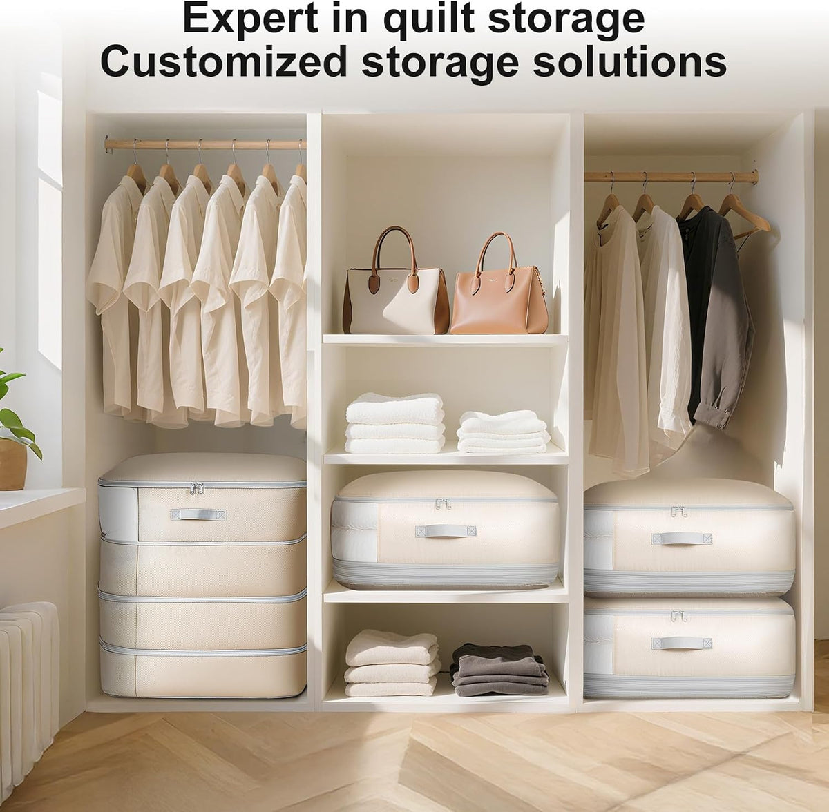 Comforter Storage Bag - 130L Large Capacity Blanket Storage Bags 4-Layer Ultra Space Saving Self Compression Organizer, Washable Compression Bags for Storage Comforter Blanket, 2-Pack, Beige