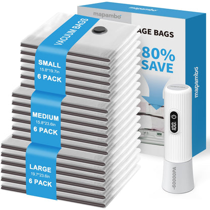 Mapambo Travel Vacuum Bags with -60000Pa LED Pump, 15 Pack Vacuum Seal Bags for Clothing Travel in 3 Combo Sizes, Vacuums Storage Bags for Clothes, Save 80% of Space (15 Combo)