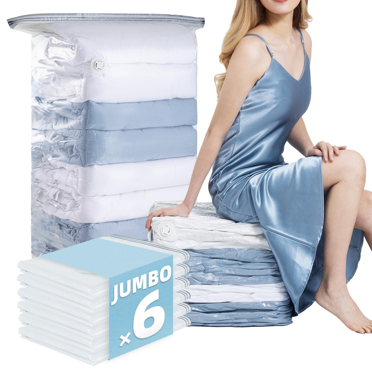 6 Pack Cube Vacuum Storage Bags, 2 Size Combo (3 Jumbo+3 Medium)