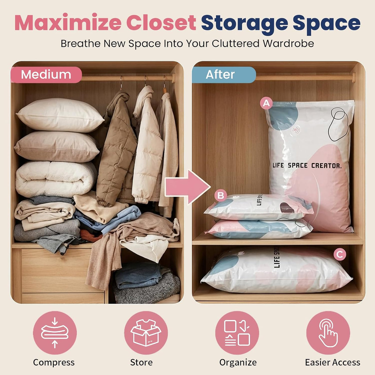 2PCS No Pump Vacuum Storage Bags, No Pump Large Vacuum Storage Compression Bags, Thick Airtight Reusable Organizer for Clothes Comforters Travel Moving Closet Storage (M+L)