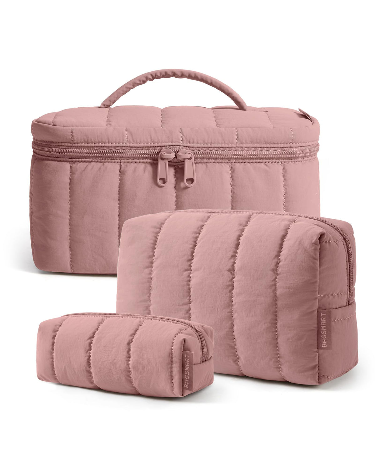 BAGSMART Travel Makeup Bag Set, 3 Pc Puffy Cosmetic Pouch, Camel