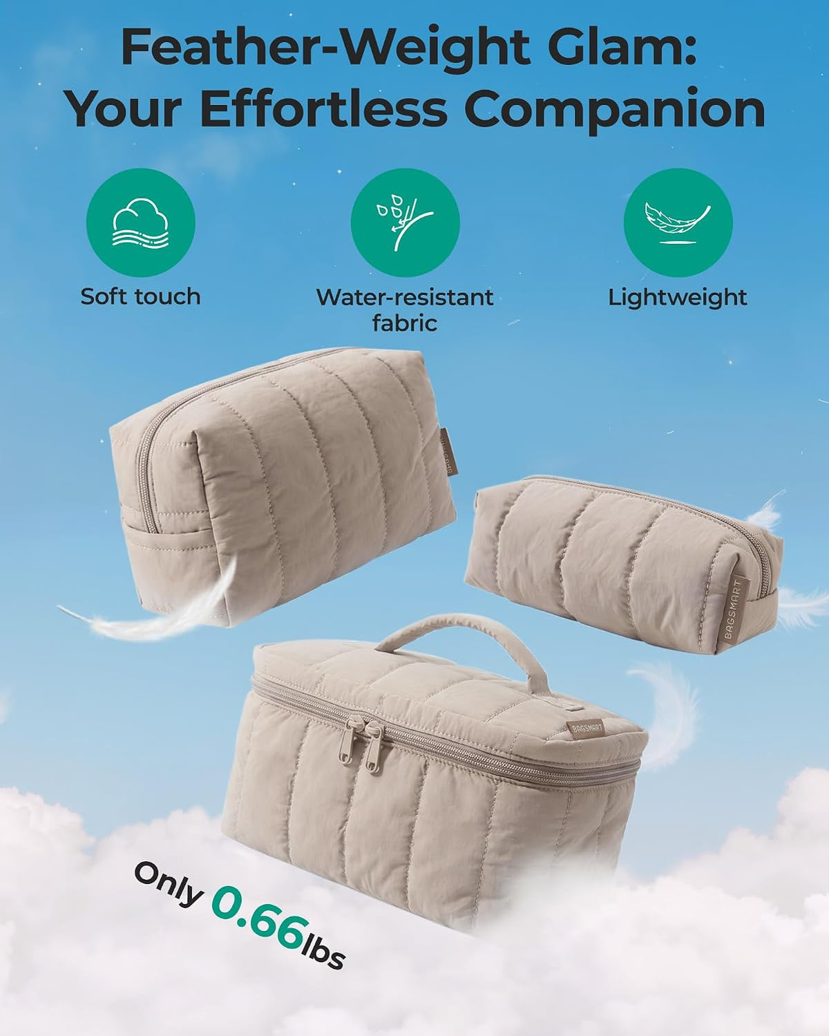 BAGSMART Travel Makeup Bag Set, 3 Pc Puffy Cosmetic Pouch, Camel