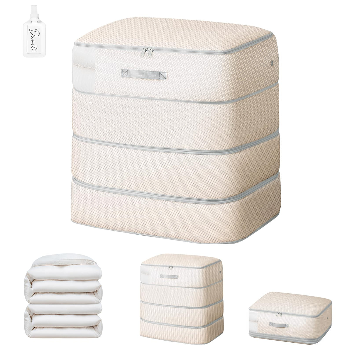 Comforter Storage Bag - 130L Large Capacity Blanket Storage Bags 4-Layer Ultra Space Saving Self Compression Organizer, Washable Compression Bags for Storage Comforter Blanket, 2-Pack, Beige