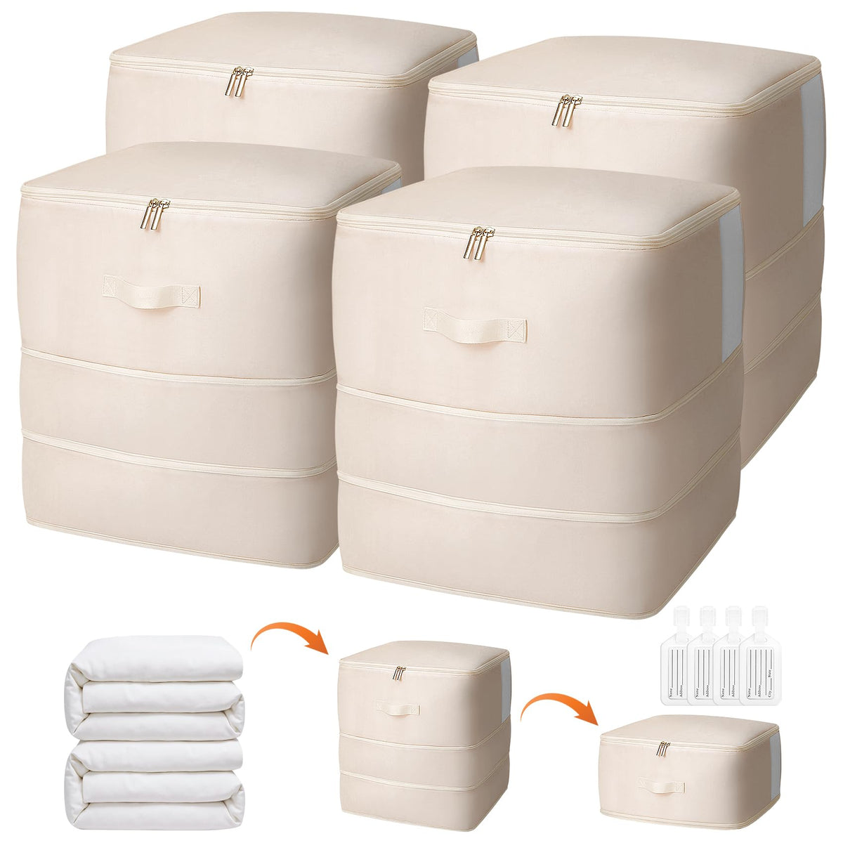 4 Pack Comforter Storage Bag, 68L Blanket Storage Bags Self Compression Comforter Organizer and Storages, Space Saving Washable Compression Bags for Blanket Bedding Pillow Duvet Quilt, Beige