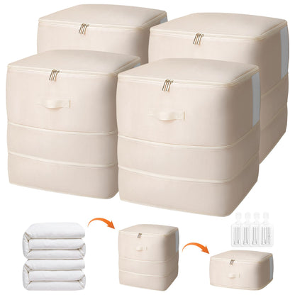 4 Pack Comforter Storage Bag, 68L Blanket Storage Bags Self Compression Comforter Organizer and Storages, Space Saving Washable Compression Bags for Blanket Bedding Pillow Duvet Quilt, Beige