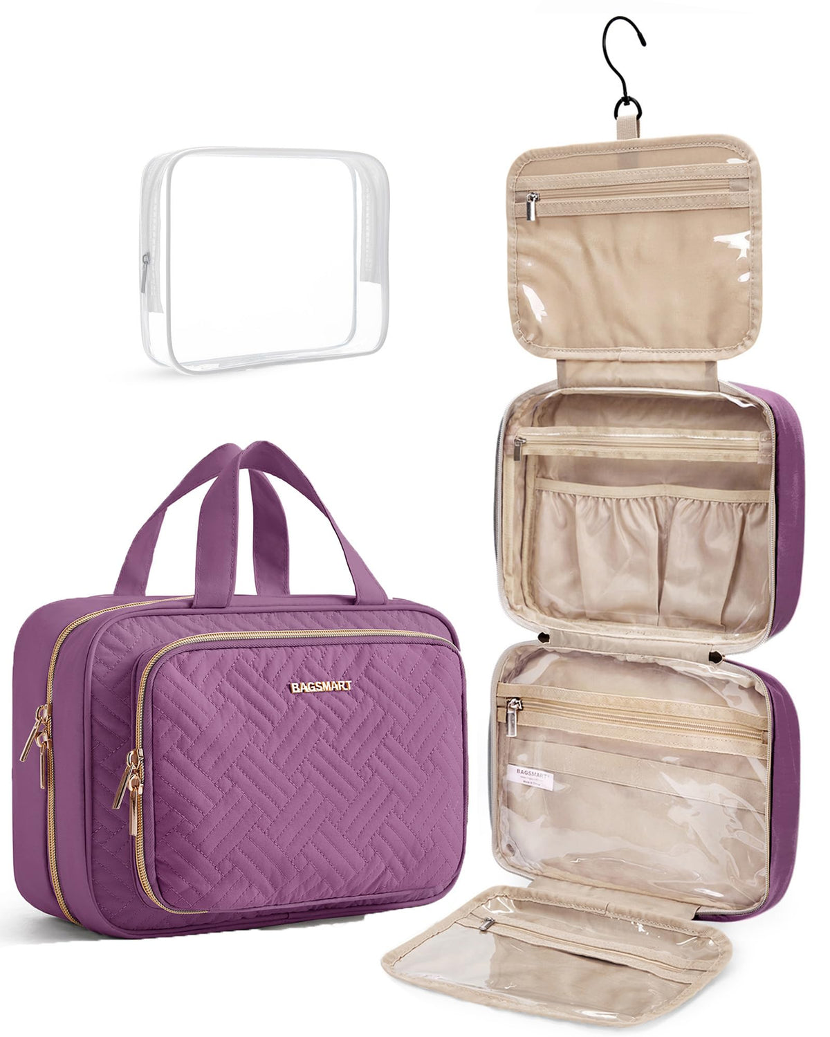 BAGSMART Toiletry Bag Hanging Travel Makeup Organizer with TSA Approved Transparent Cosmetic Bag Makeup Bag for Full Sized Toiletries, Medium-Black