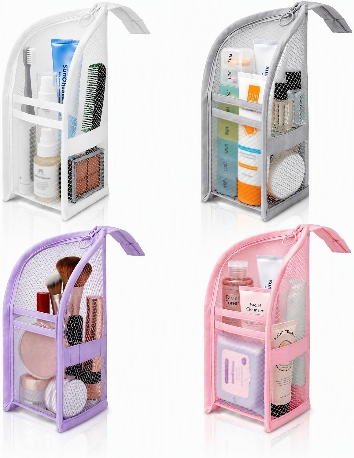 4PCS Standing Toiletry Bag, Upright Portable Waterproof Toiletry Bag, Mesh Travel Organizer Bags for Women&Men(White+Pink+Grey+Purple)