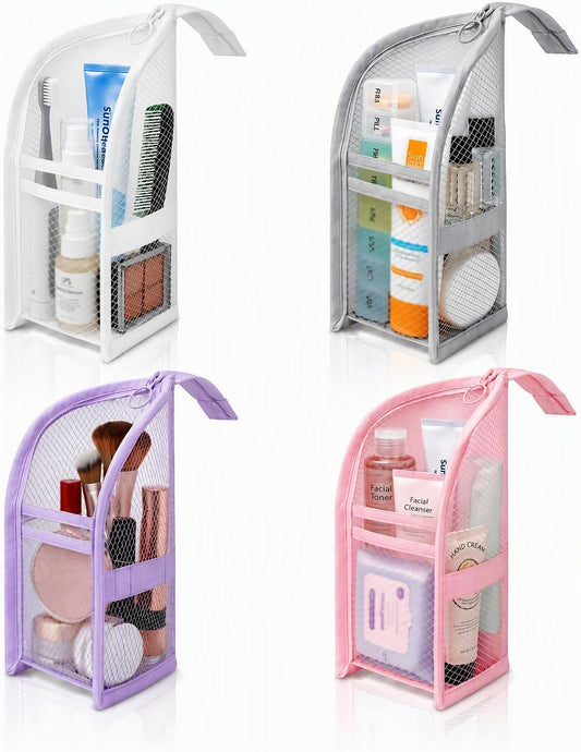 4PCS Standing Toiletry Bag, Upright Portable Waterproof Toiletry Bag, Mesh Travel Organizer Bags for Women&Men(White+Pink+Grey+Purple)