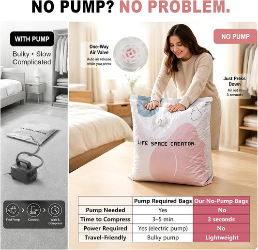 No Pump Vacuum Storage Bags – 3D Cube Stand-Up Design, Jumbo & Medium Sizes, PA+PE Thick Material for Clothes, Comforters & Bedding, Reusable No Pump Large Vacuum Storage Compression Bags (M+L)