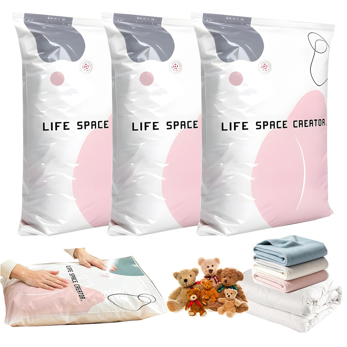3Pcs No-Pump Vacuum Storage Bags,Large Cube Compression Bags for Storag