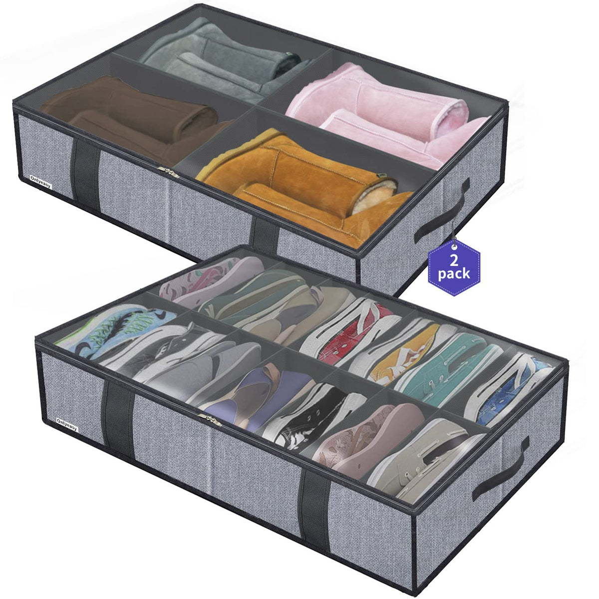 Onlyeasy Sturdy Under Bed Shoe Storage Organizer, Set of 2, Fit 12 to 24 Pairs, Underbed Shoes Closet Storage Solution with Clear Window, Breathable, L29.3 x W23.6 x H5.9, Linen-like Black, MXAUBSB2P