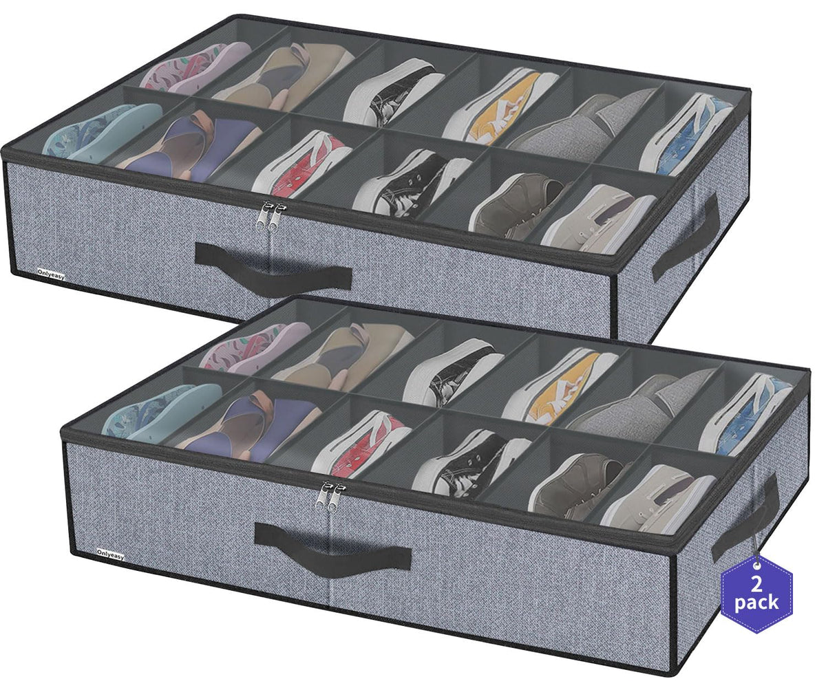 Onlyeasy Sturdy Under Bed Shoe Storage Organizer, Set of 2, Fit 12 to 24 Pairs, Underbed Shoes Closet Storage Solution with Clear Window, Breathable, L29.3 x W23.6 x H5.9, Linen-like Black, MXAUBSB2P