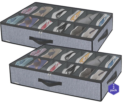 Onlyeasy Sturdy Under Bed Shoe Storage Organizer, Set of 2, Fit 12 to 24 Pairs, Underbed Shoes Closet Storage Solution with Clear Window, Breathable, L29.3 x W23.6 x H5.9, Linen-like Black, MXAUBSB2P