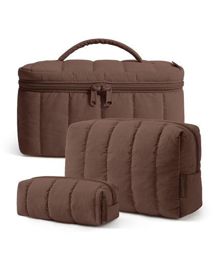 BAGSMART Travel Makeup Bag Set, 3 Pc Puffy Cosmetic Pouch, Camel