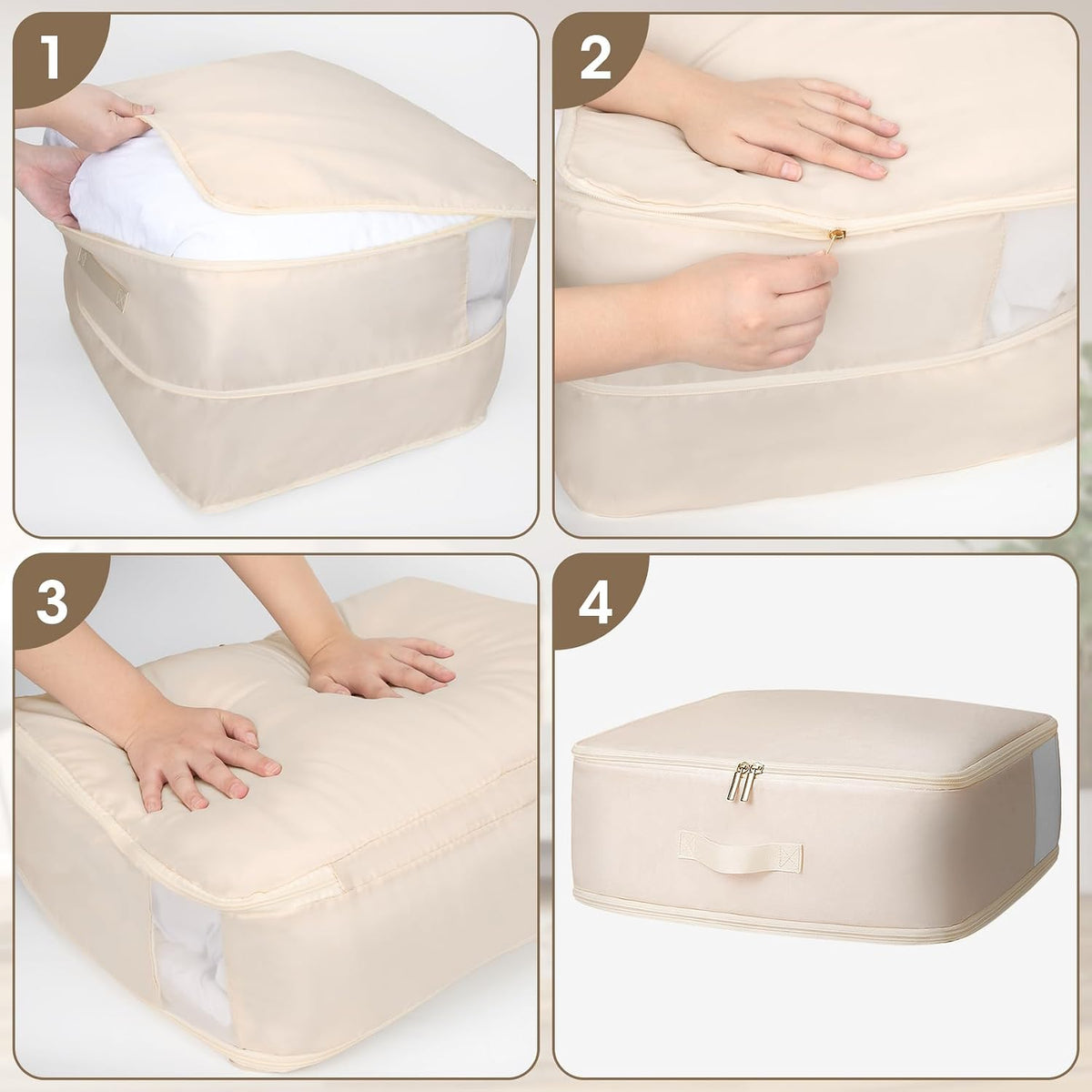 4 Pack Comforter Storage Bag, 68L Blanket Storage Bags Self Compression Comforter Organizer and Storages, Space Saving Washable Compression Bags for Blanket Bedding Pillow Duvet Quilt, Beige
