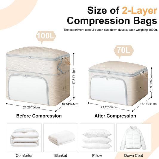 Comforter Storage Bag - Large Capacity Blanket Storage Bags Front-opening Ultra Space Saving Self Compression Organizer, Washable Compression Bags for Storage Comforter Blanket, 1 Pack, Beige