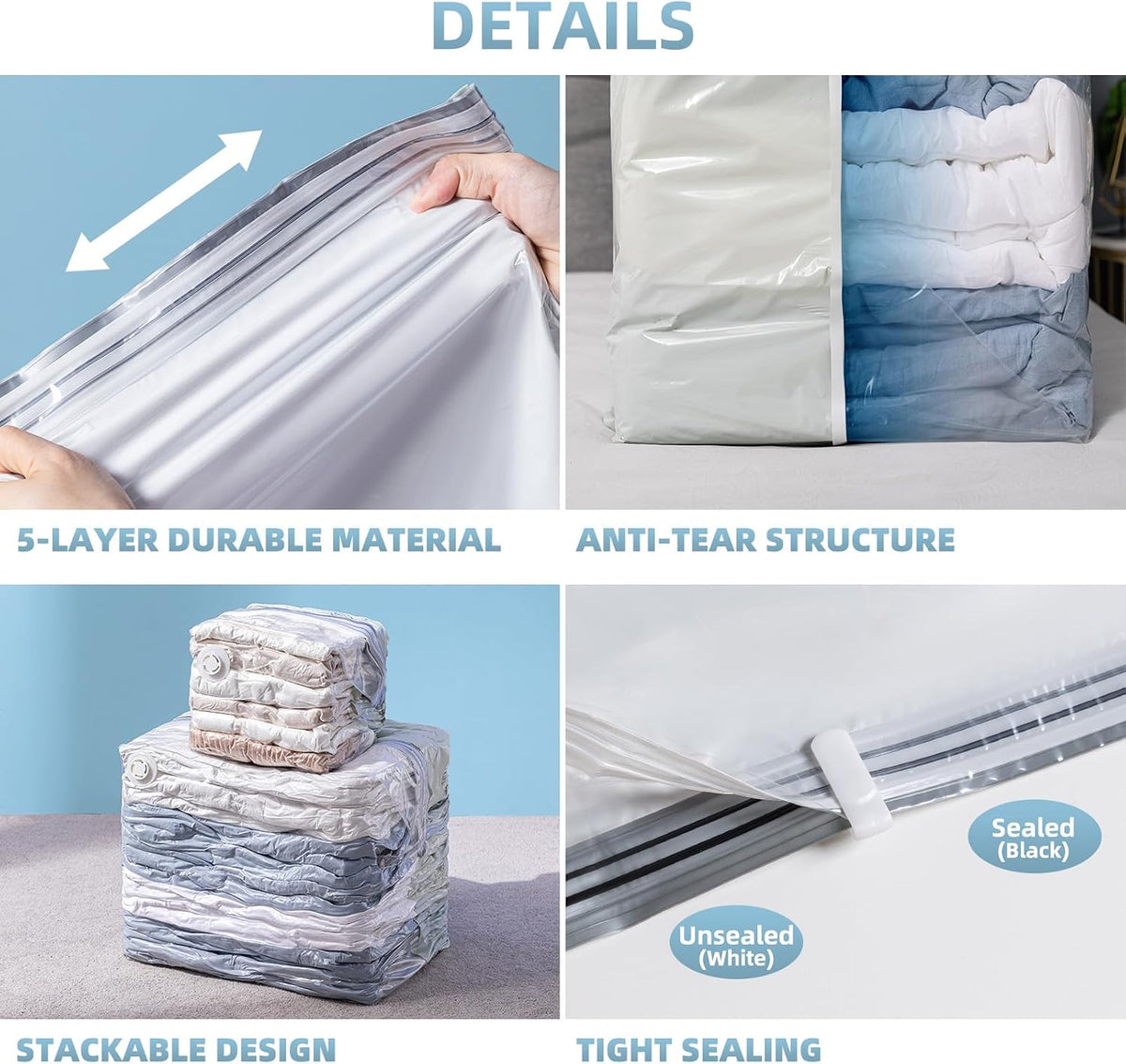 6 Pack Cube Vacuum Storage Bags, 2 Size Combo (3 Jumbo+3 Medium)