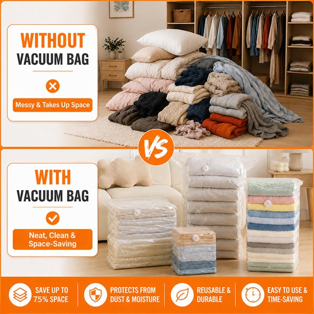 4 Pack No-Pump Vacuum Storage Bags,New 3D Compression Bags,Clear Space Saver Bags for Clothes,Comforters and Blankets