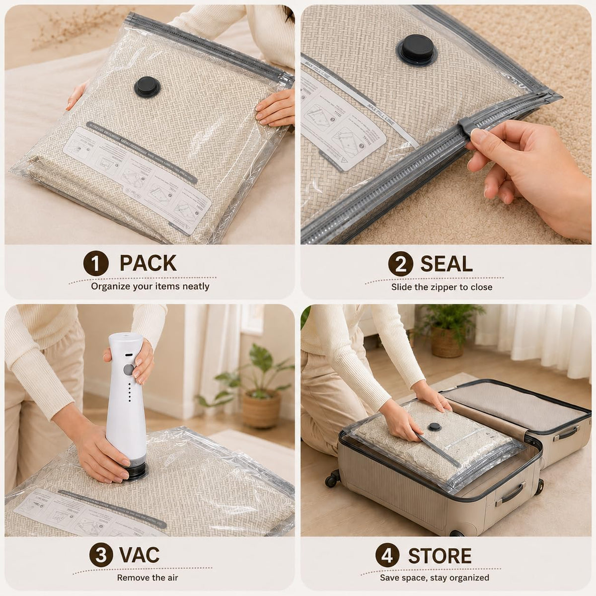 Vacuum Storage Bags with Pump, Space Saver Travel Vacuum Storage Bags for Clothes, Reusable Tear-Proof Compression Packing Cubes for Heavy Clothes/Bedding/Luggage/Moving, 15 Combo Size