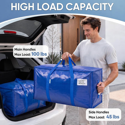 TICONN 6 Pack Extra Large Moving Bags Heavy Duty with Zippers & Carrying Handles, Durable Storage Bags Moving Boxes for Closet Organizers and Storage (6 Pack, Blue)