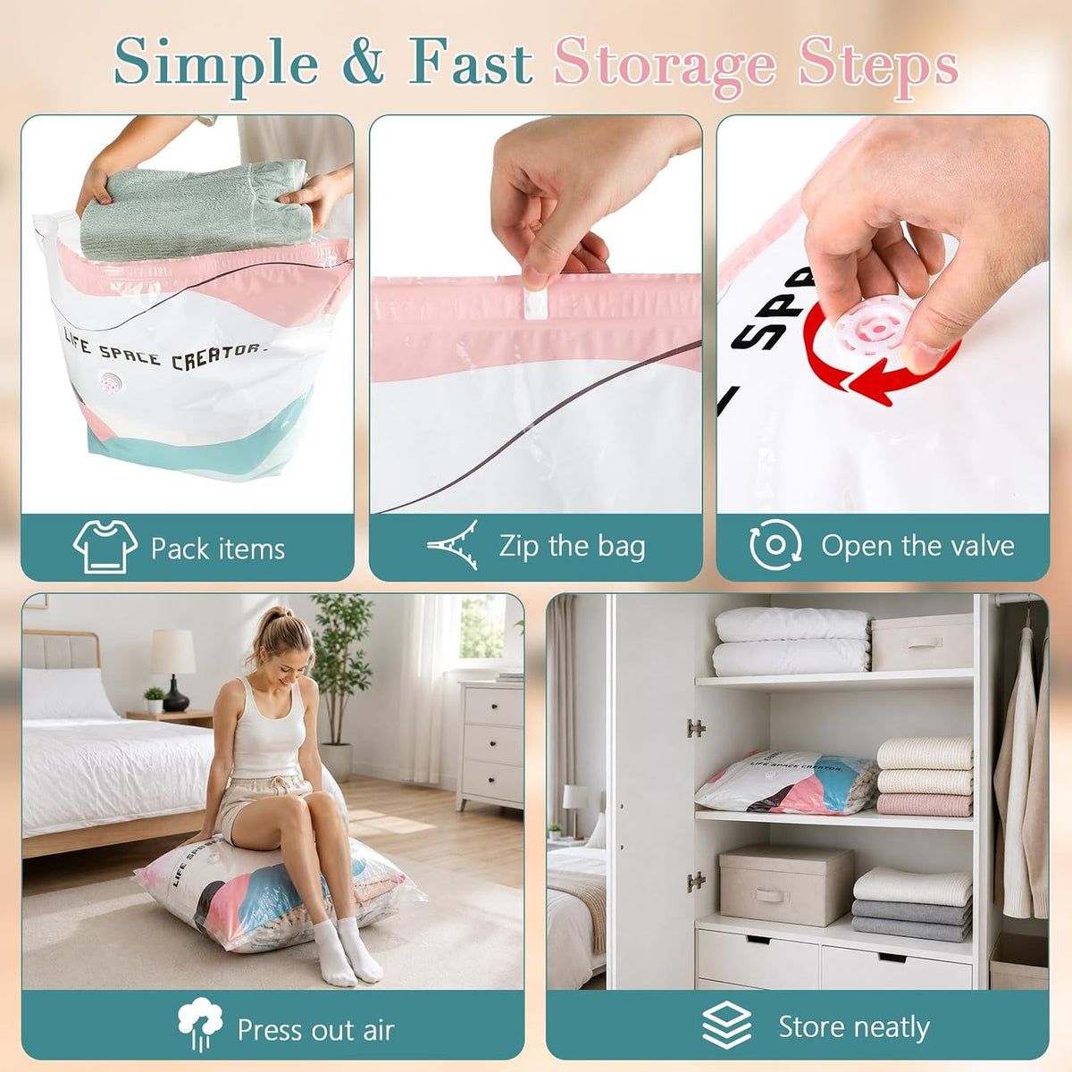 3Pcs No-Pump Vacuum Storage Bags,Large Cube Compression Bags for Storag