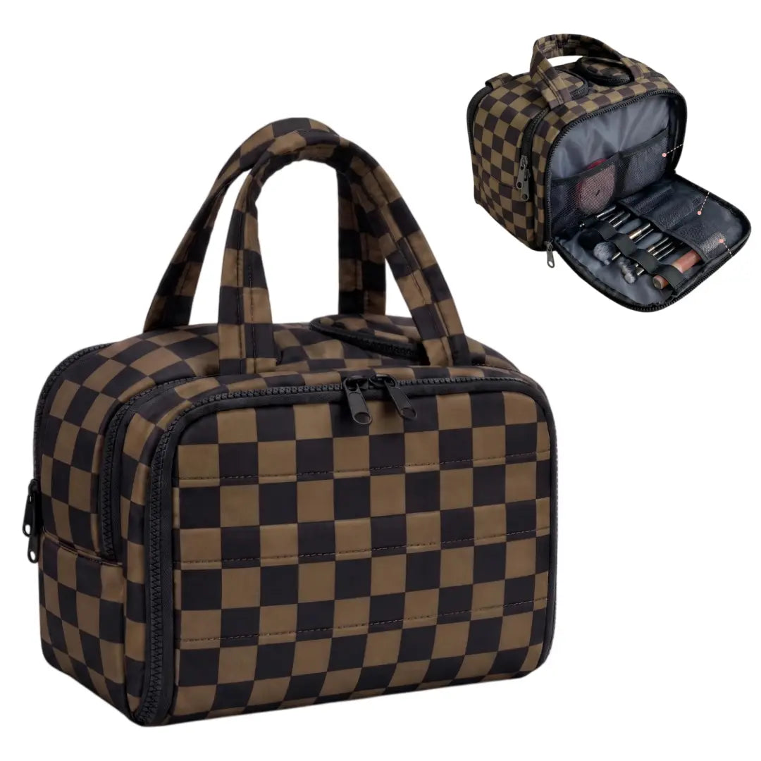 Checked Travel Toiletry Bag, Spacious Checkered Toiletry Bag for Women,Large Toiletry Bags for Traveling,Lightweight Travel Cosmetic Makeup Bag Organizer for Accessories,Toiletries