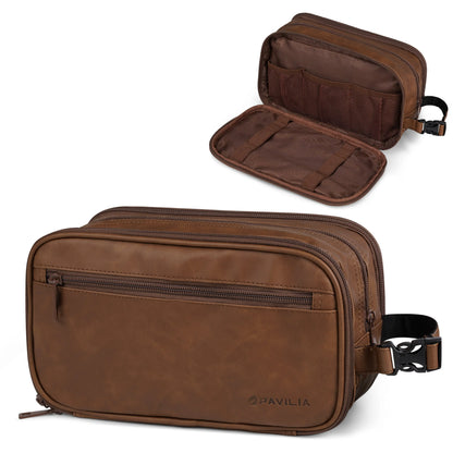 PAVILIA Toiletry Bag for Men, Travel Toiletries Bag | Water-resistant Dopp Kit, PU Leather Shaving Pouch Organizer for Accessories, Cosmetic, Hygiene, Grooming Essentials