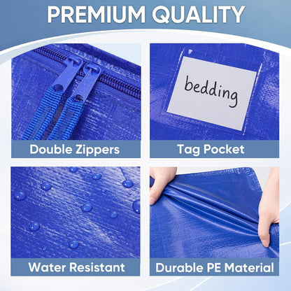 TICONN 6 Pack Extra Large Moving Bags Heavy Duty with Zippers & Carrying Handles, Durable Storage Bags Moving Boxes for Closet Organizers and Storage (6 Pack, Blue)