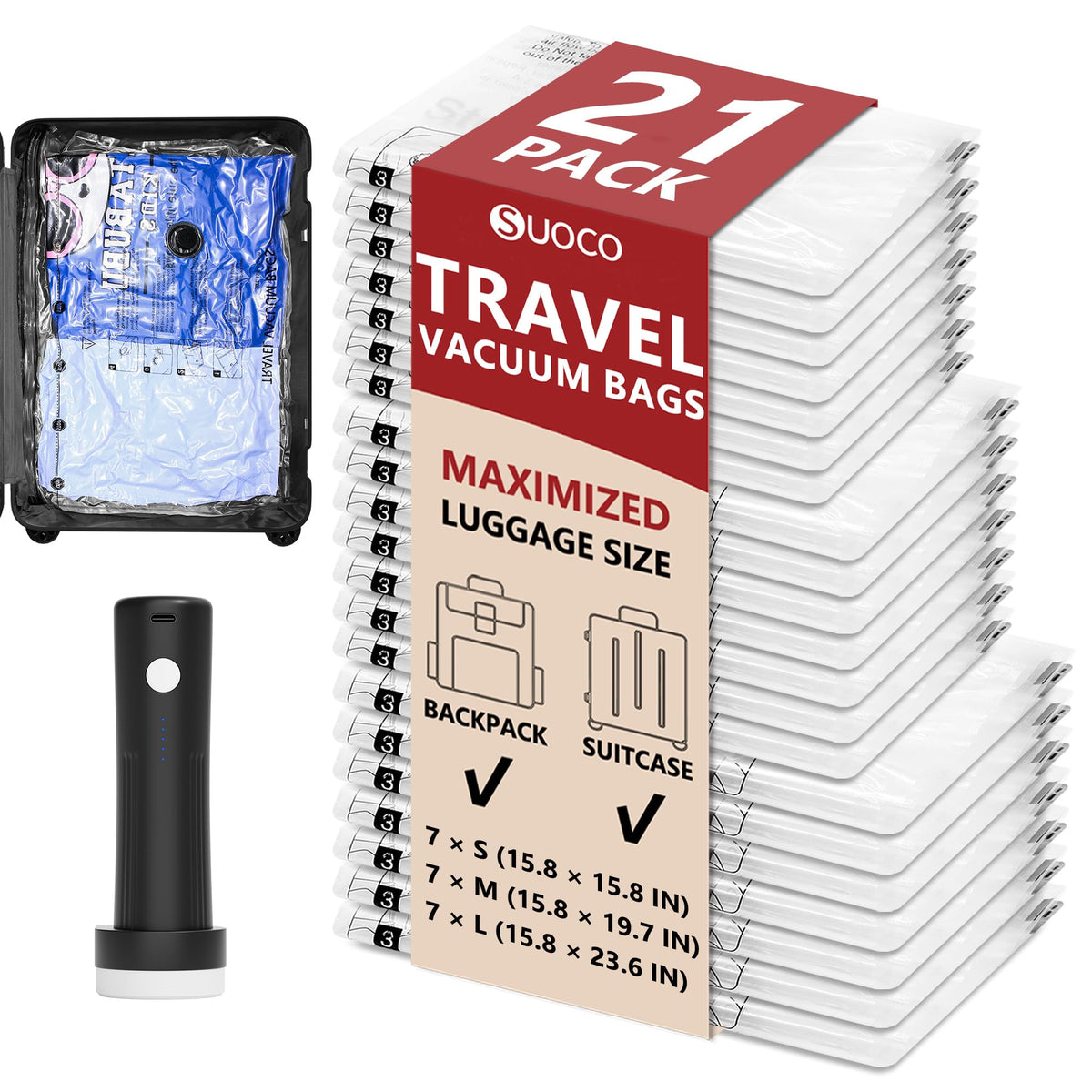 Travel Vacuum Bags for Clothing with Cordless Pump 18 Combo, Clear