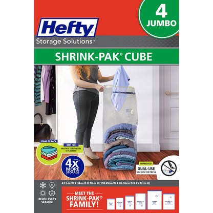 Hefty Shrink-Pak Vacuum Storage Bags – For Clothes, Pillows, Towels, Blankets & More – Space Saver Vacuum Suction Sealer Bags for Home or Travel – 4 Jumbo Cubes, 43.5 x 34 x 18 Inches