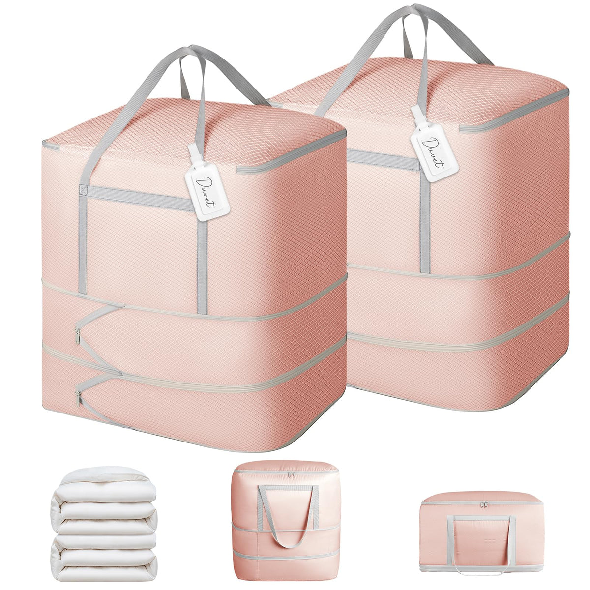 Comforter Storage Bag - 130L Large Capacity Blanket Storage Bags 4-Layer Ultra Space Saving Self Compression Organizer, Washable Compression Bags for Storage Comforter Blanket, 2-Pack, Beige
