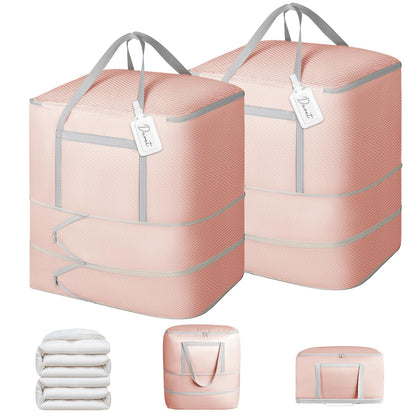Comforter Storage Bag - 130L Large Capacity Blanket Storage Bags 4-Layer Ultra Space Saving Self Compression Organizer, Washable Compression Bags for Storage Comforter Blanket, 2-Pack, Beige