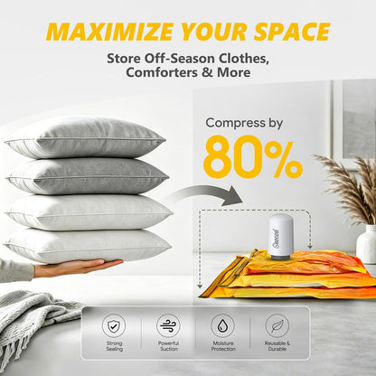 Vacuum Storage Bags with Electric Pump, 15 Reusable Compression Bags for Clothes, Bedding and Travel, Space Saving Storage Bags for Closet and Home Organization, White