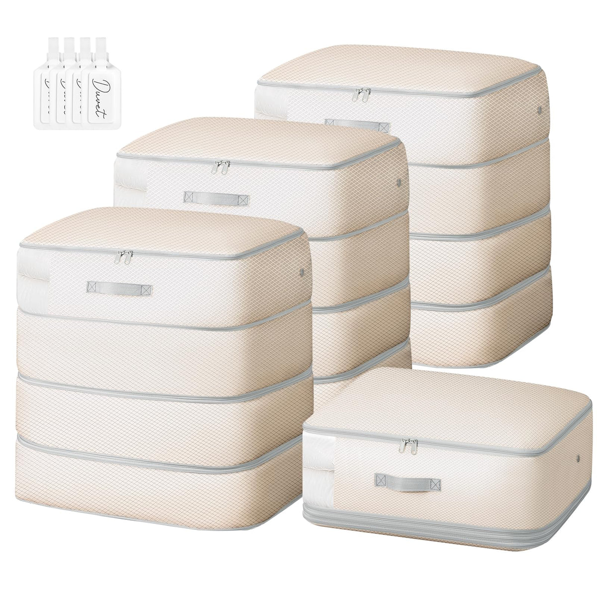 Comforter Storage Bag - 130L Large Capacity Blanket Storage Bags 4-Layer Ultra Space Saving Self Compression Organizer, Washable Compression Bags for Storage Comforter Blanket, 2-Pack, Beige
