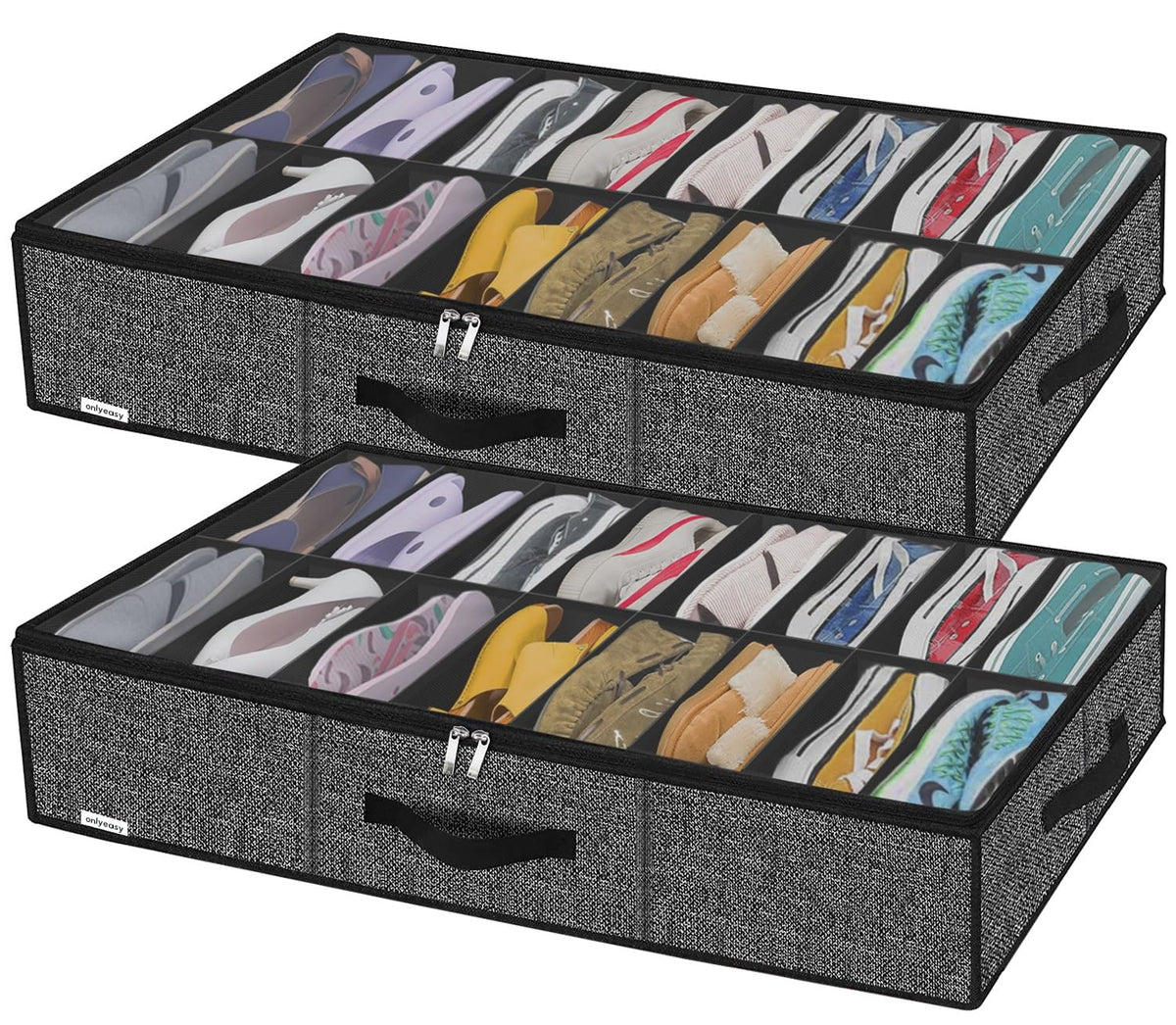 Onlyeasy Sturdy Under Bed Shoe Storage Organizer, Set of 2, Fit 12 to 24 Pairs, Underbed Shoes Closet Storage Solution with Clear Window, Breathable, L29.3 x W23.6 x H5.9, Linen-like Black, MXAUBSB2P